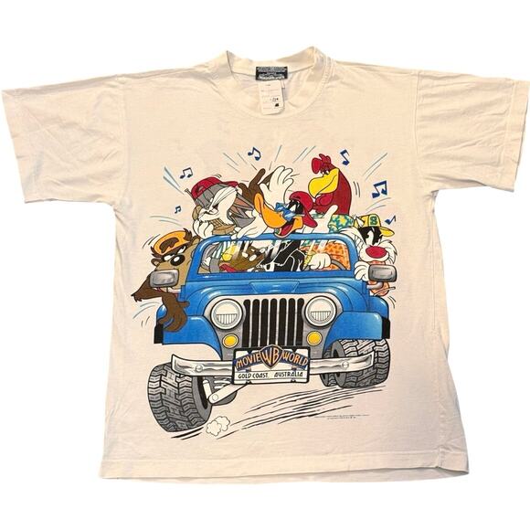 Vintage 90s Looney Tunes Characters in Jeep Movie World Australia 1997 Shirt Med - Picture 1 of 8